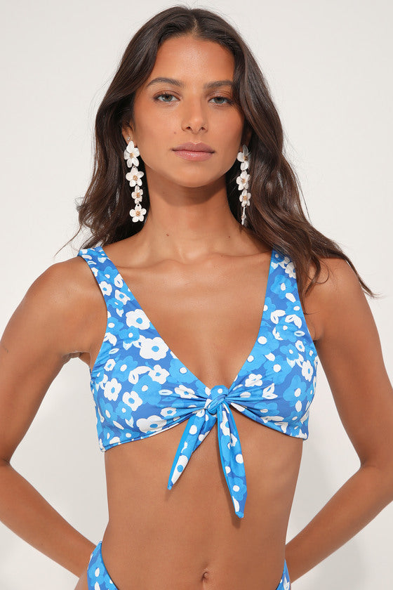 Sandy Dandy Blue Floral Print Tie-Front Bikini Top