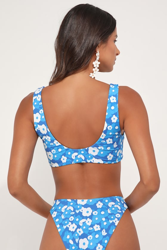 Sandy Dandy Blue Floral Print Tie-Front Bikini Top