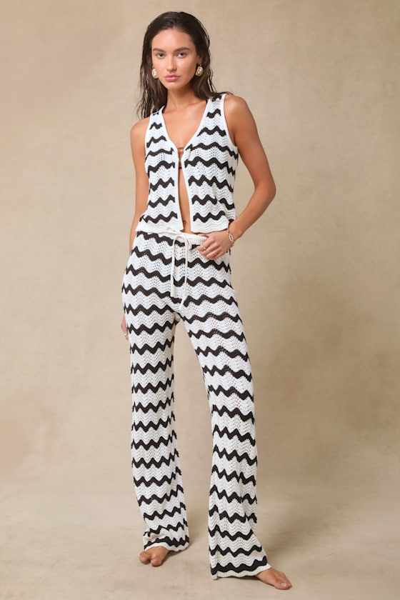 Anna Ivory and Navy Striped Crochet Swim Cover-Up Top