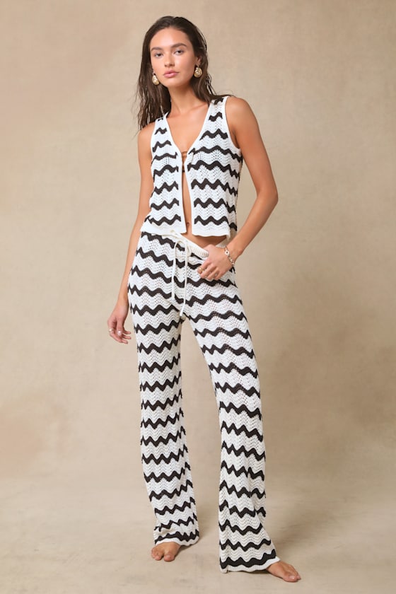 Anna Ivory and Navy Striped Crochet Swim Cover-Up Pants