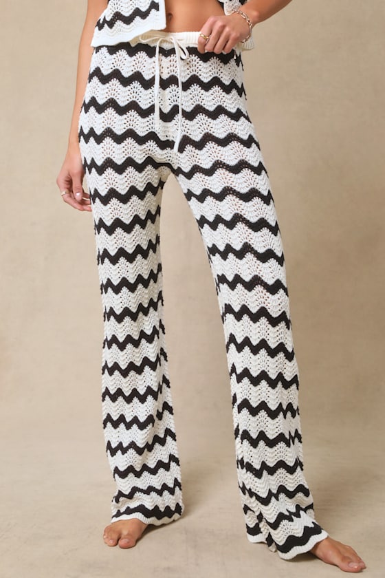 Anna Ivory and Navy Striped Crochet Swim Cover-Up Pants