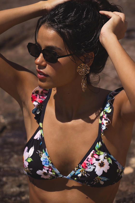 Varela Black Multi Floral Ruffled Bikini Top