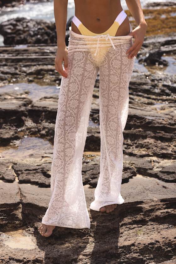 Island Cream Sheer Crochet Lace Cover-Up Pants