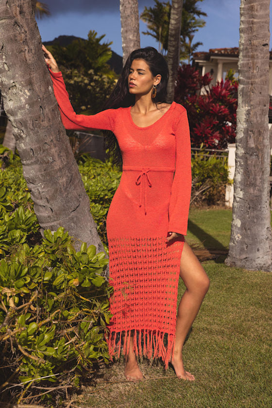 Lokelani Bright Red Crochet Fringe Long Sleeve Swim Cover-Up