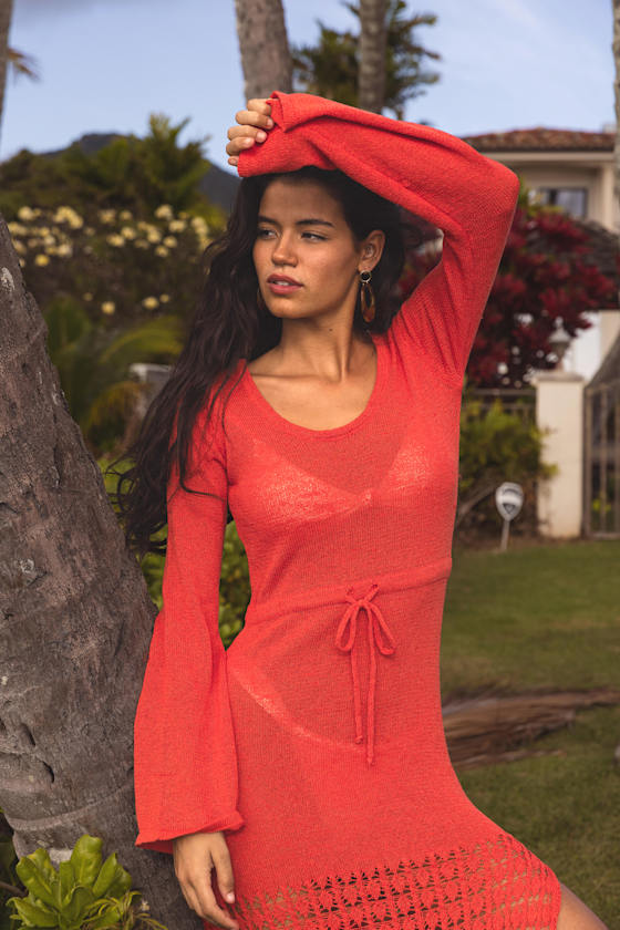 Lokelani Bright Red Crochet Fringe Long Sleeve Swim Cover-Up