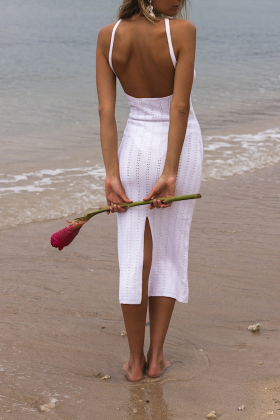 Vevina White Knit Halter Rosette Swim Cover-Up Dress
