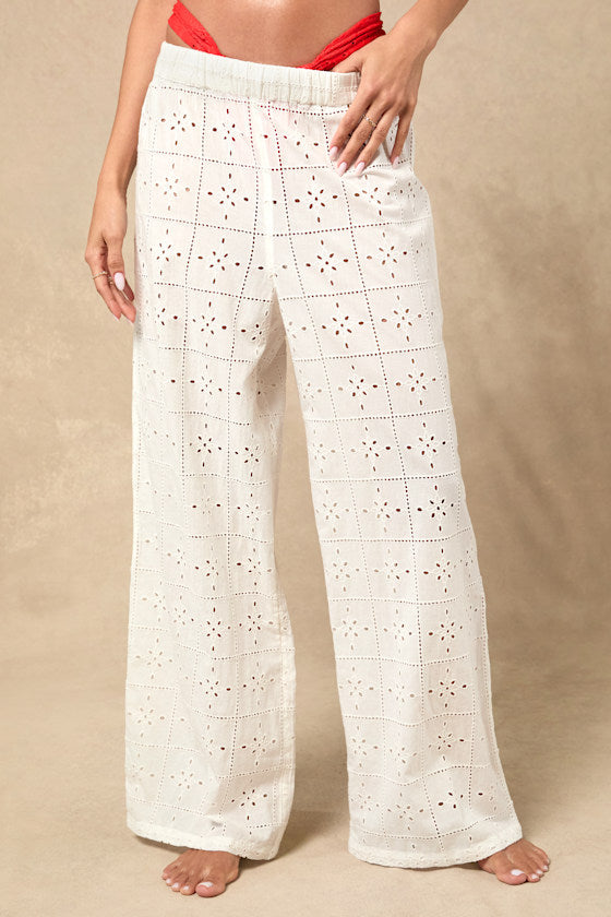 Eyelet Crush White Embroidered Swim Cover-Up Pants