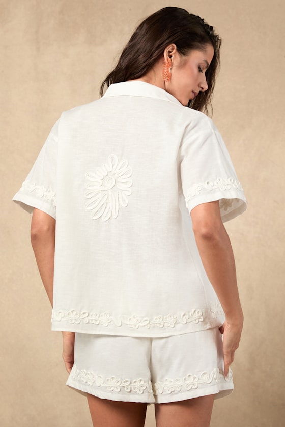 Ines White Linen Embroidered Swim Cover-Up Top