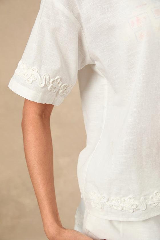 Ines White Linen Embroidered Swim Cover-Up Top