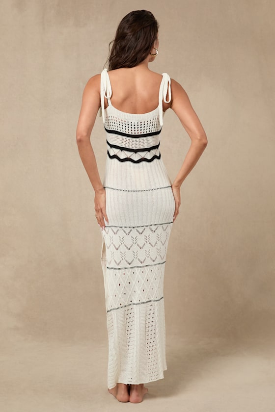 Olyssia Ivory and Black Knit Tie-Strap Maxi Swim Cover-Up
