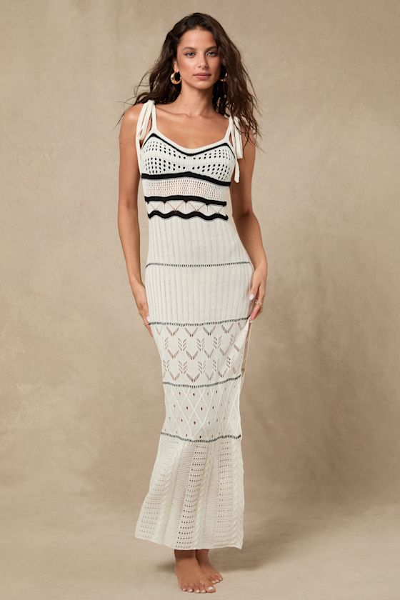 Olyssia Ivory and Black Knit Tie-Strap Maxi Swim Cover-Up