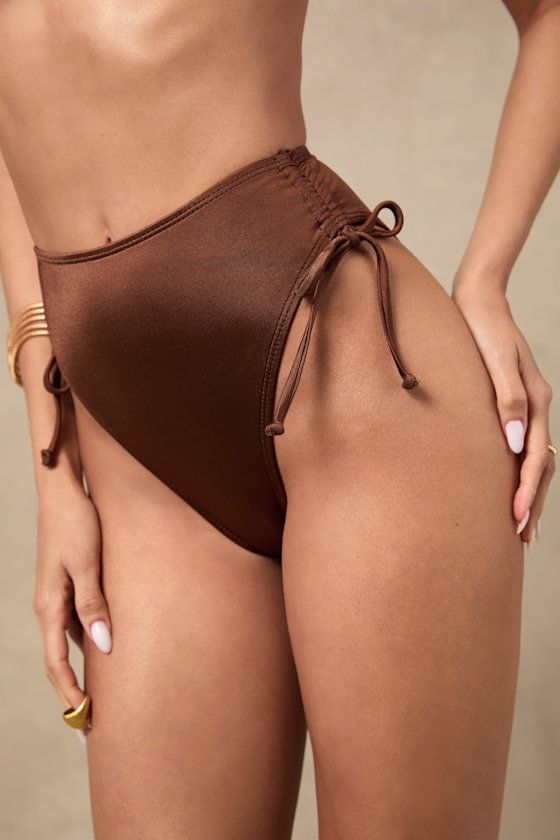 Keola Shiny Brown High-Waisted Bikini Bottoms