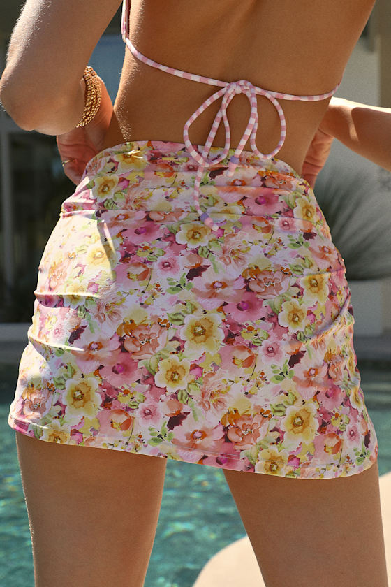 Kylie Pink Multi Floral Print Watercolor Bikini Skirt