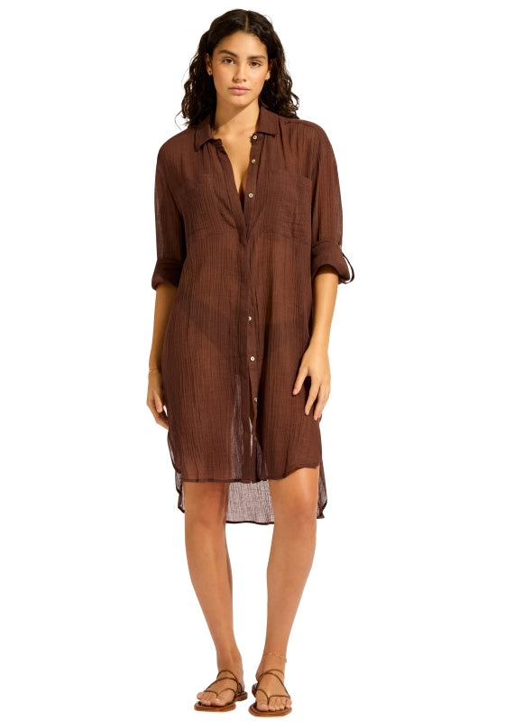 Crinkle Twill Beach Shirt Dark Chocolate