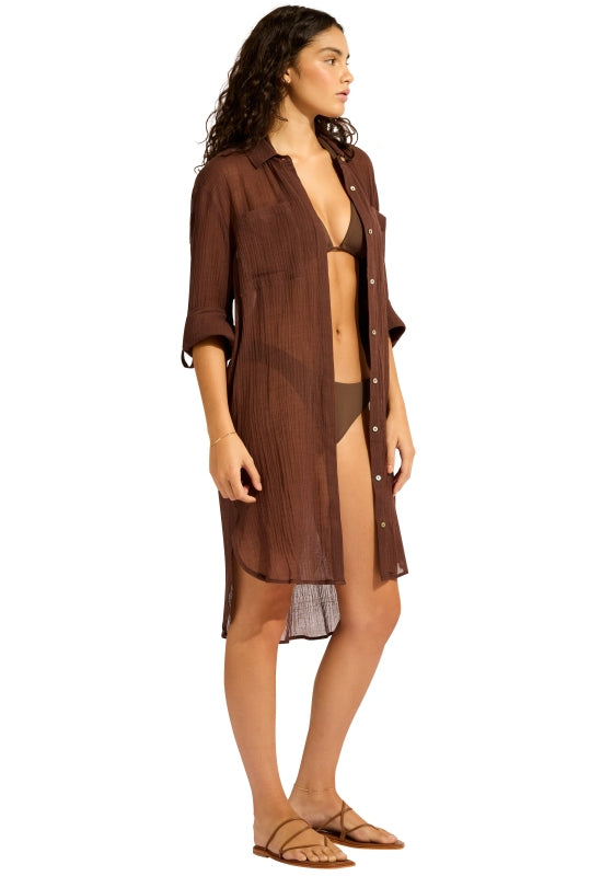 Crinkle Twill Beach Shirt Dark Chocolate