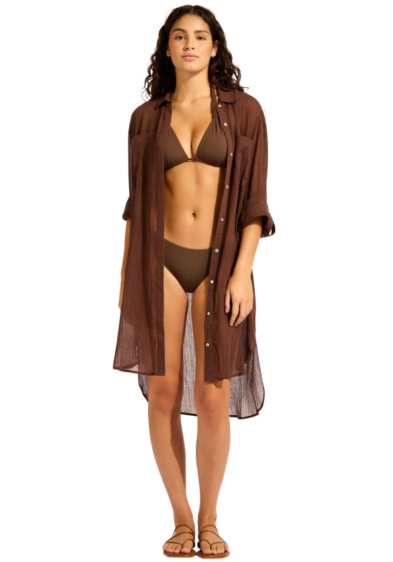 Crinkle Twill Beach Shirt Dark Chocolate