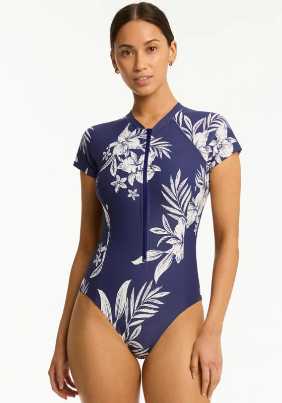 Aloha Short Sleeved Zip Front Swimsuit