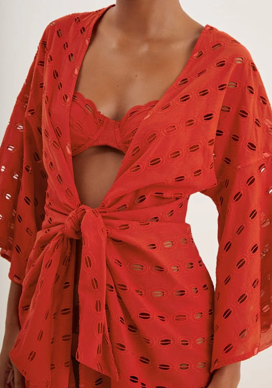 Eyelet Perola Short Cover Up Ruby