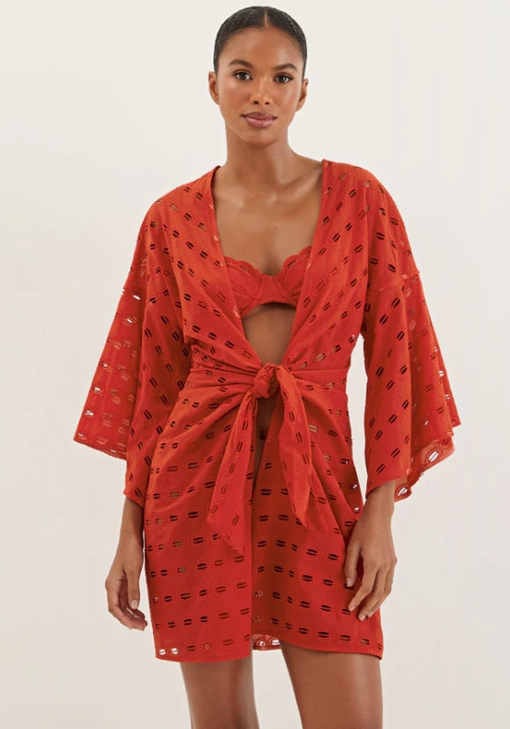Eyelet Perola Short Cover Up Ruby