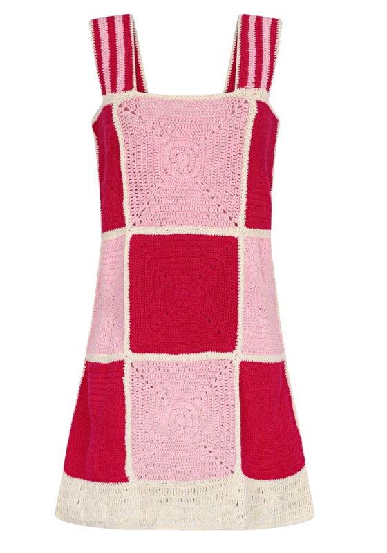 Crochet Checkered Mini Dress Pink
